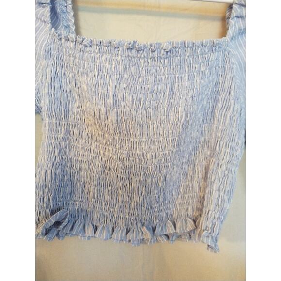 Storia Women's Blue Striped Stretch Crop Top w/Puff & Stretch Sleeves Size S - Picture 3 of 8